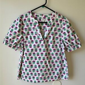 J.Crew Floral Blouse with Pink and Green Accents and Button Sleeve detail
